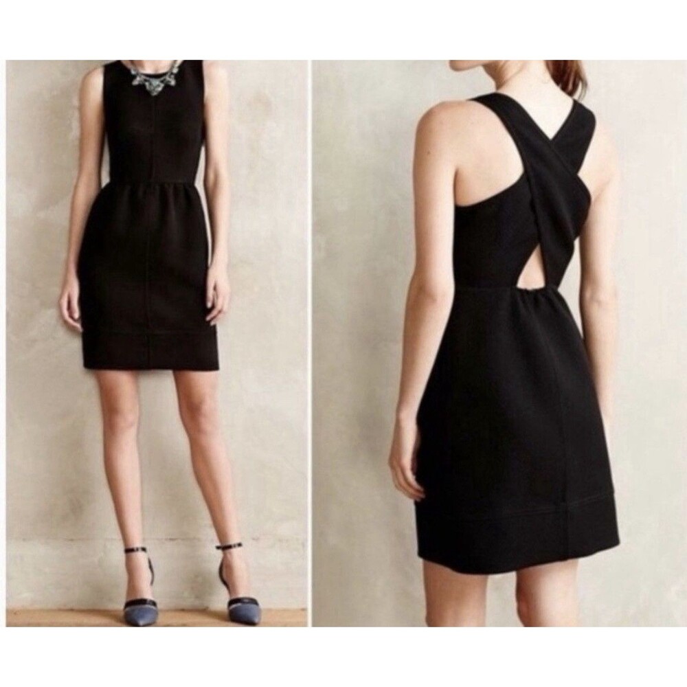 ANTHROPOLOGIE Maeve Rokin Criss Cross Textured Black Mini Dress Size 12